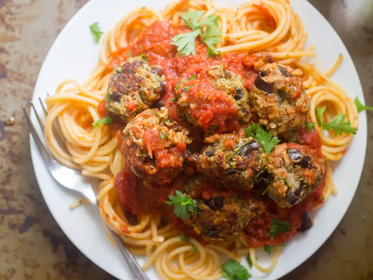 Pasta with Eggplant Meatballs Vegan Recipe